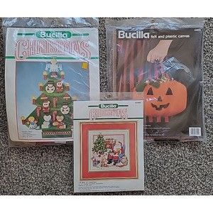 LOT of 3 Vintage BUCILLA Christmas Stocking and Tree Jack O Lantern Kits